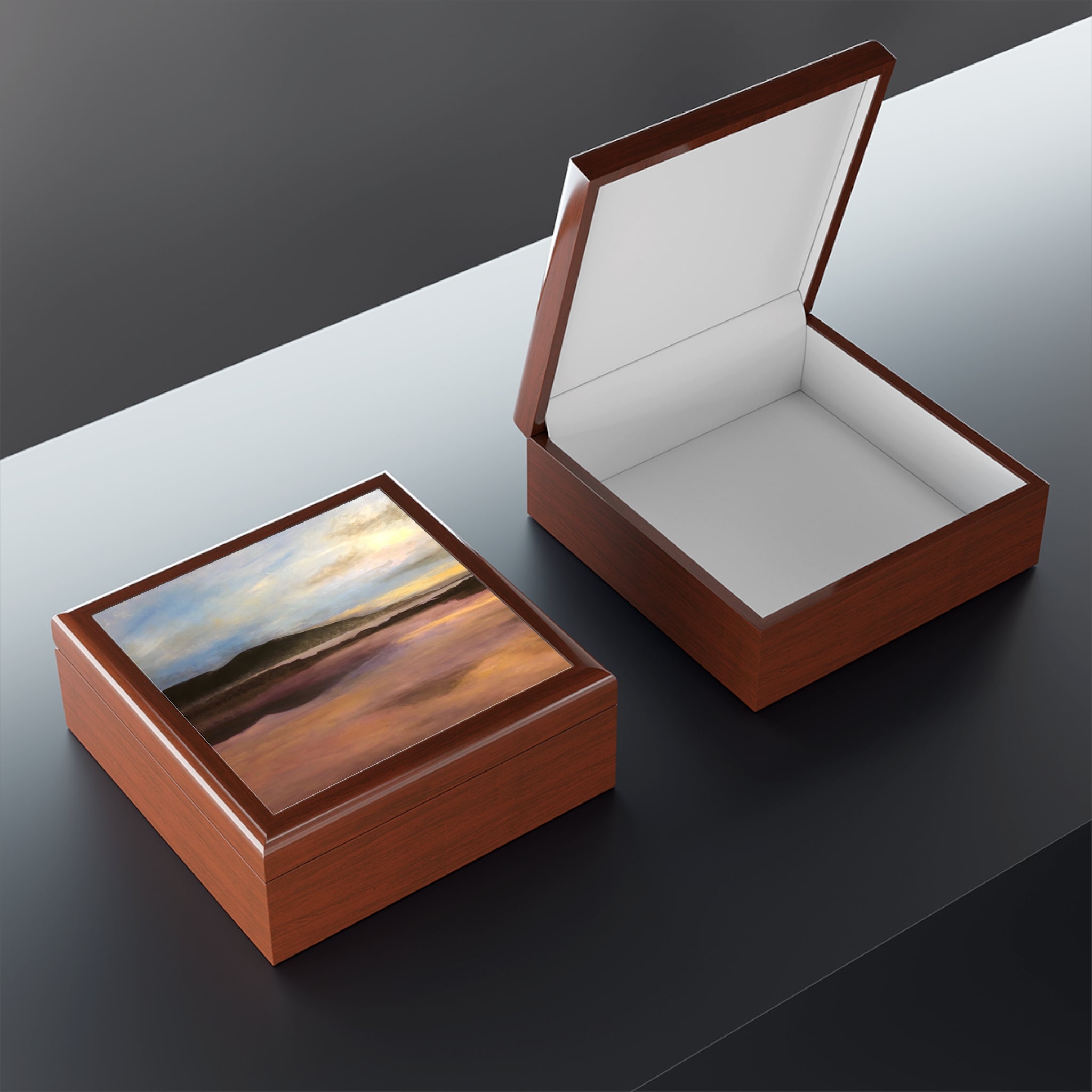 Open brown leather Loch Garten Dawn art jewelry box with landscape lid