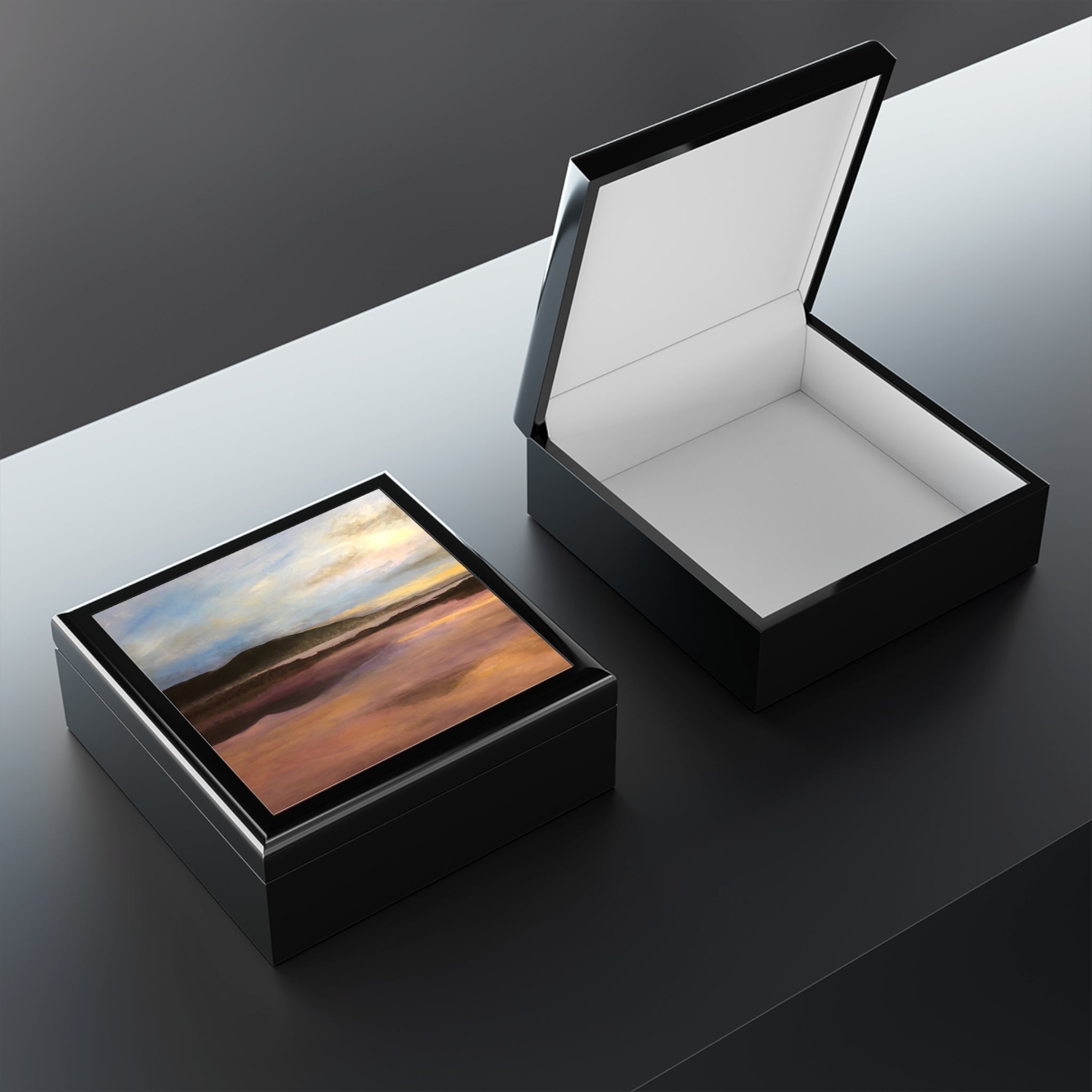 Loch Garten Dawn Art Jewellery Box: Black Leather with Glass Lid