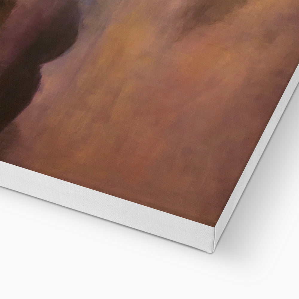 Brown wooden table top with white edge on the Loch Garten Dawn Canvas product