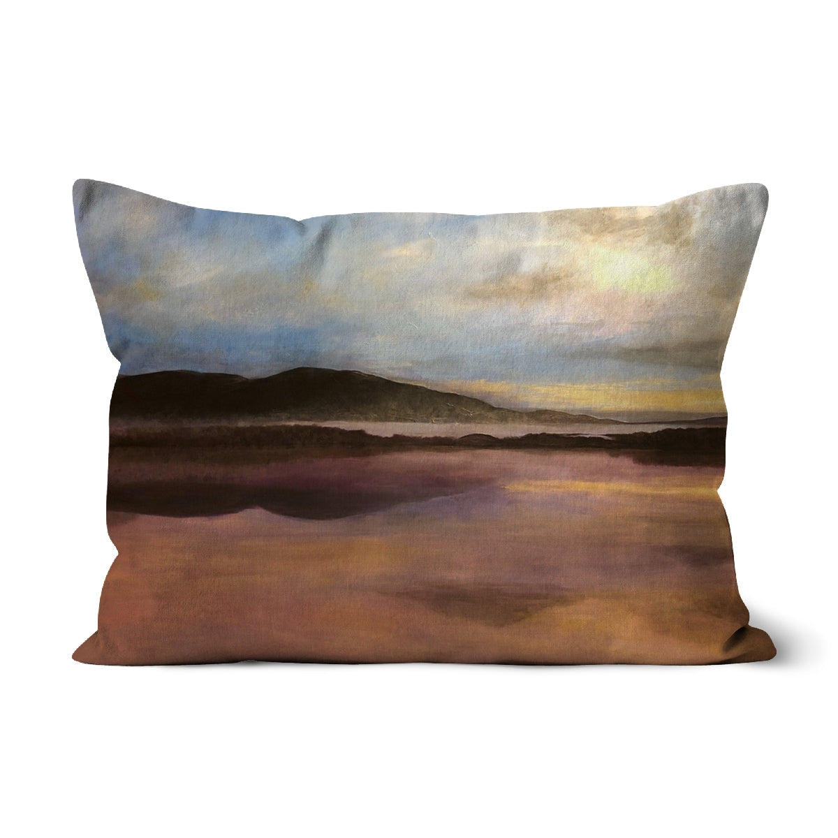 Brown and beige abstract watercolor landscape cushion for Loch Garten Dawn decor