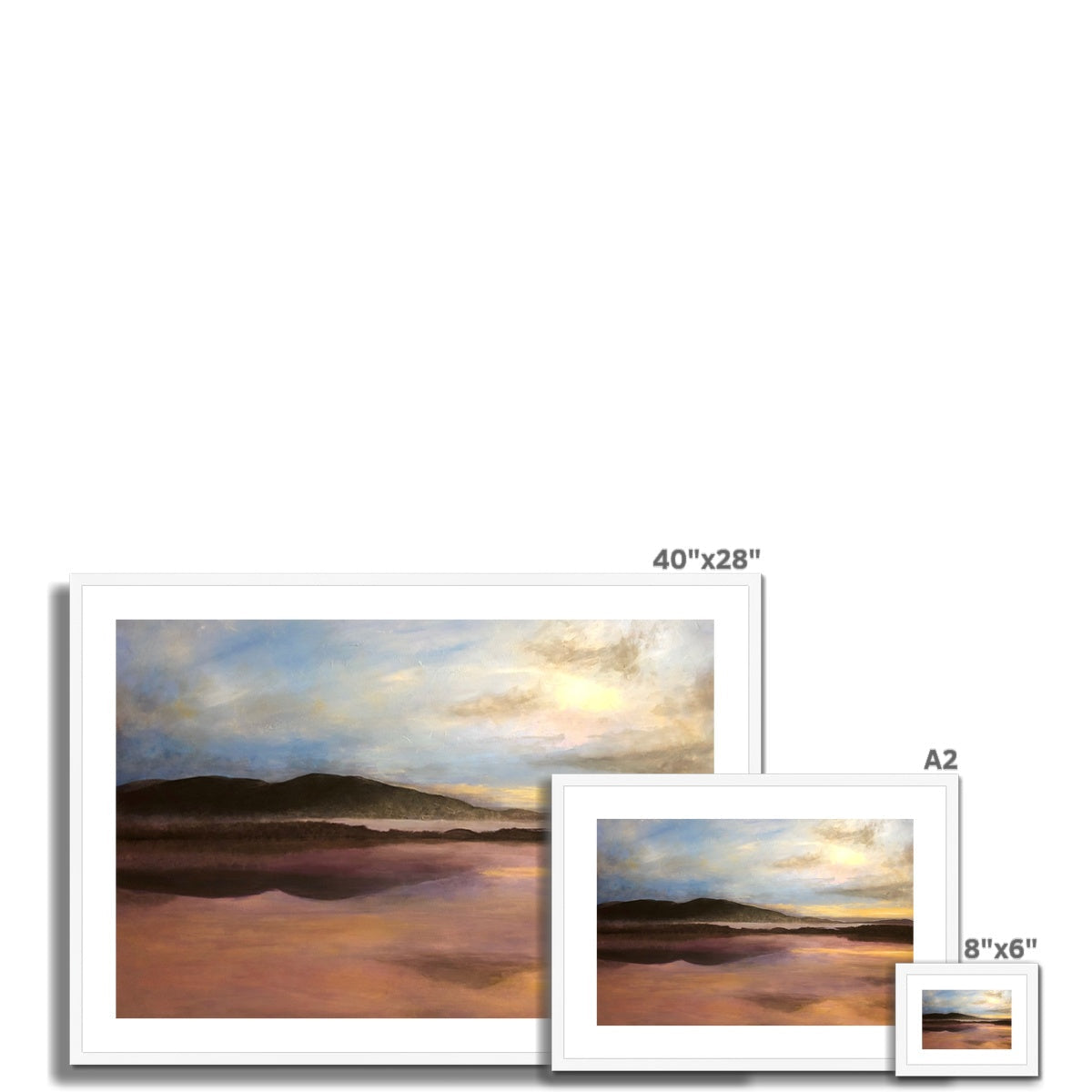 Loch Garten Dawn framed and mounted print of a beach sunset painting with warm tones