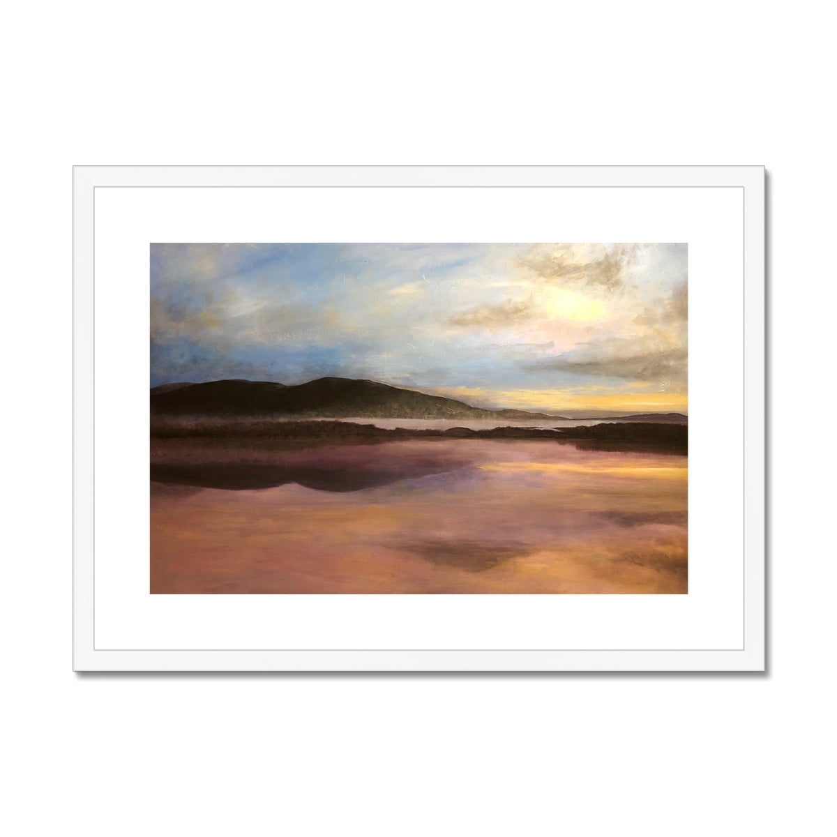 Loch Garten Dawn framed abstract landscape art print with sunset scene in muted earth tones