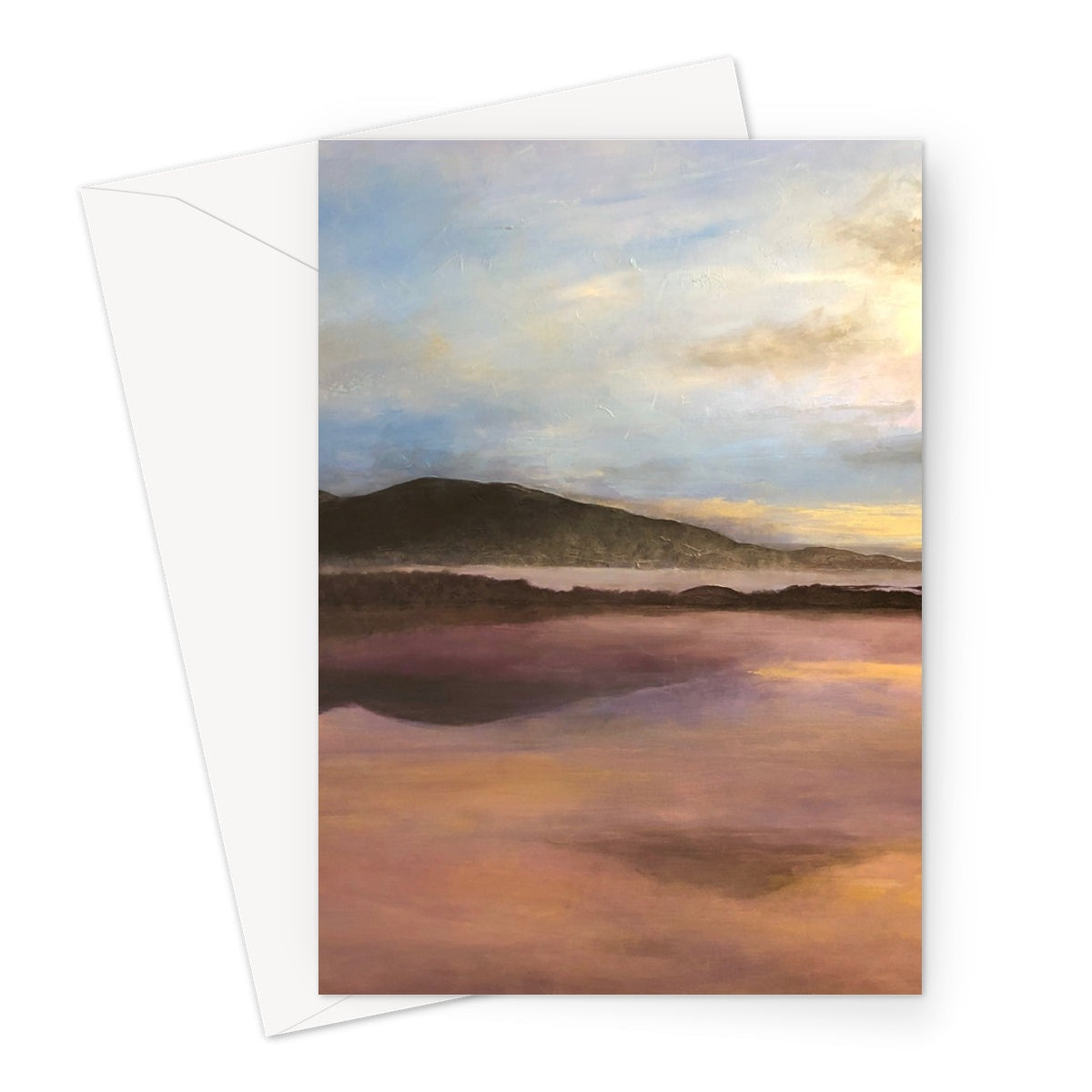 Beach scene greeting card with sunset hues and sand texture for Loch Garten Dawn Greeting Card