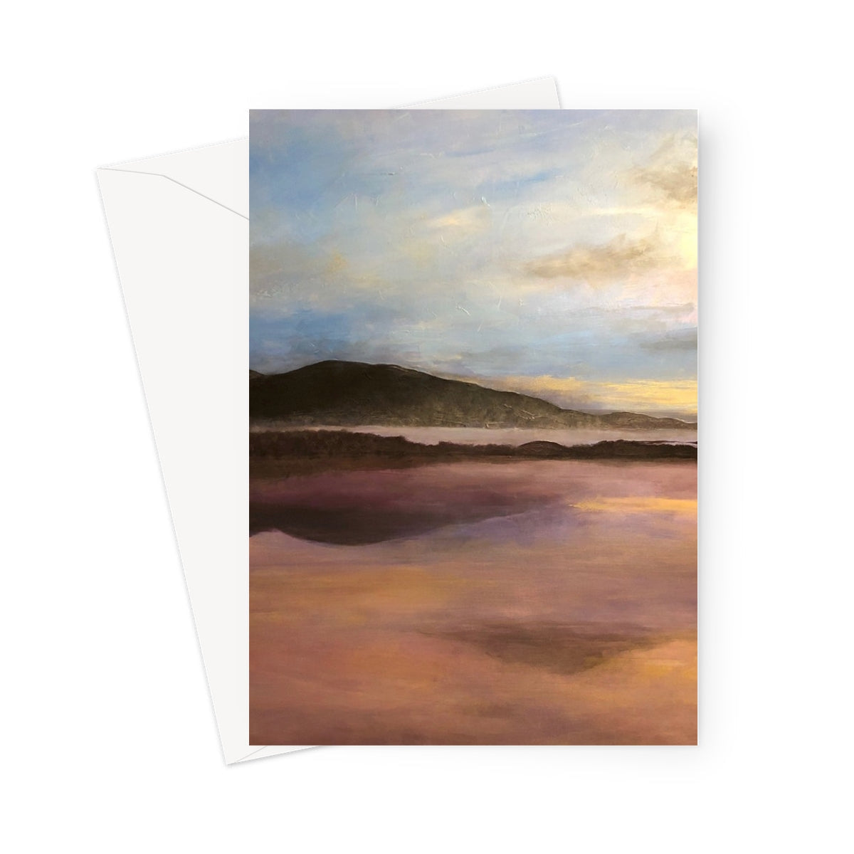 Beach scene greeting card with muted earth tones and serene landscape design for Loch Garten Dawn