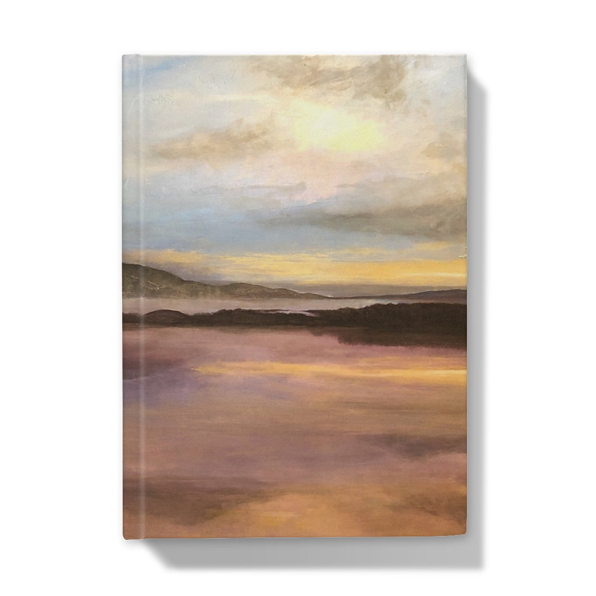 Loch Garten Dawn Hardback Journal with sunset over water canvas print featuring warm hues