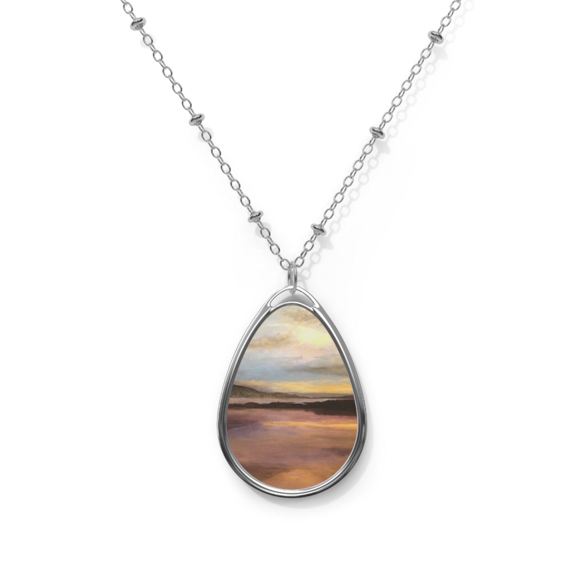 Silver teardrop Loch Garten Dawn necklace with painted sunset scene