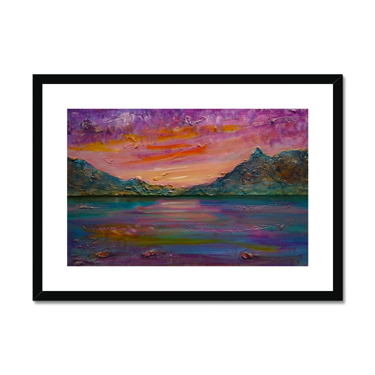 Loch Leven Sunset: Purple and pink abstract landscape art print in black frame