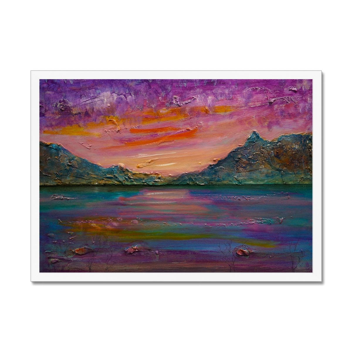 Loch Leven Sunset Painting | Framed Prints From Scotland-Framed Prints-Scottish Lochs & Mountains Art Gallery-A2 Landscape-White Frame-Paintings, Prints, Homeware, Art Gifts From Scotland By Scottish Artist Kevin Hunter