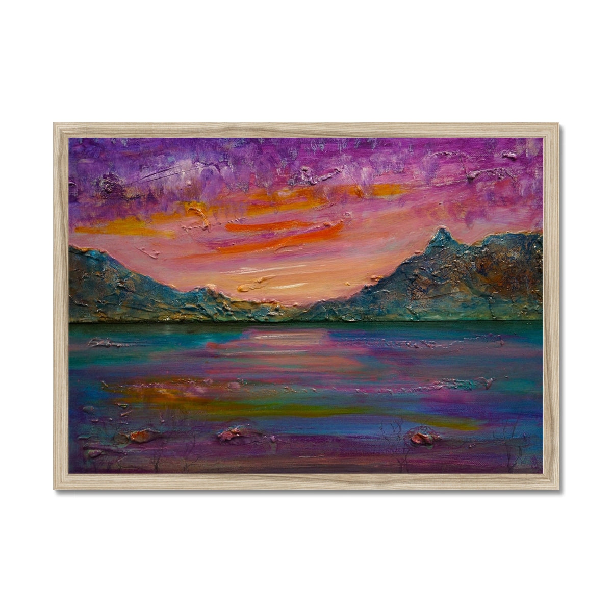 Loch Leven Sunset Painting | Framed Prints From Scotland-Framed Prints-Scottish Lochs & Mountains Art Gallery-A2 Landscape-Natural Frame-Paintings, Prints, Homeware, Art Gifts From Scotland By Scottish Artist Kevin Hunter