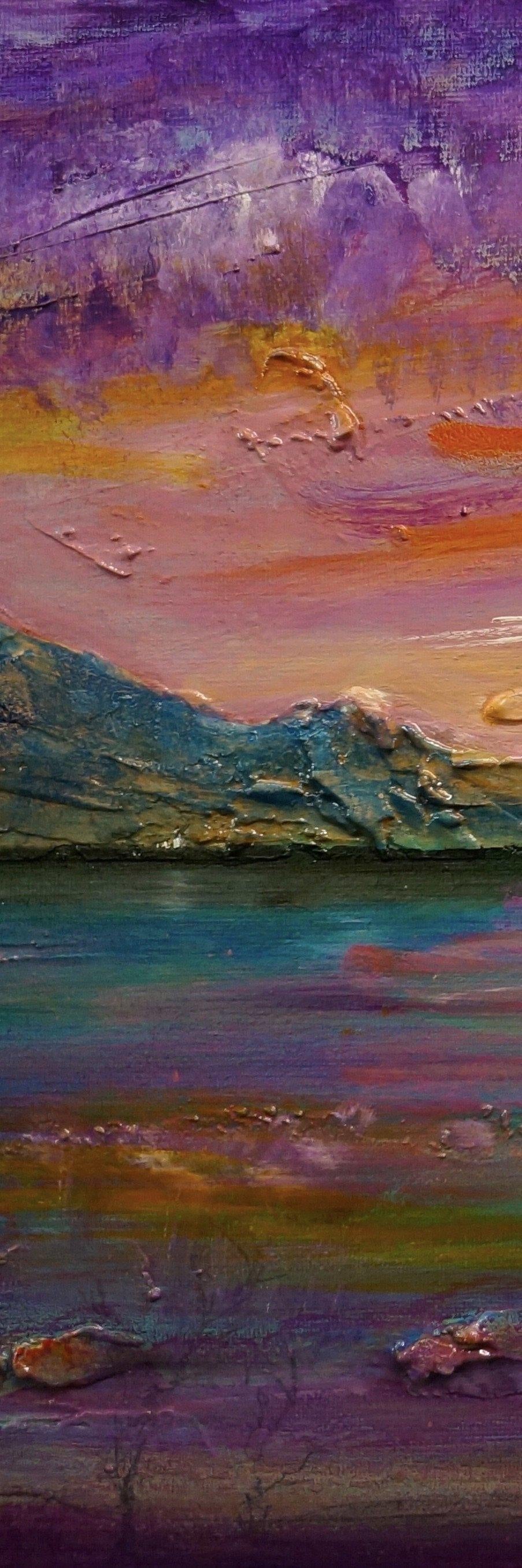 Impressionistic oil painting of a colorful sunset over mountains and water in Scotland