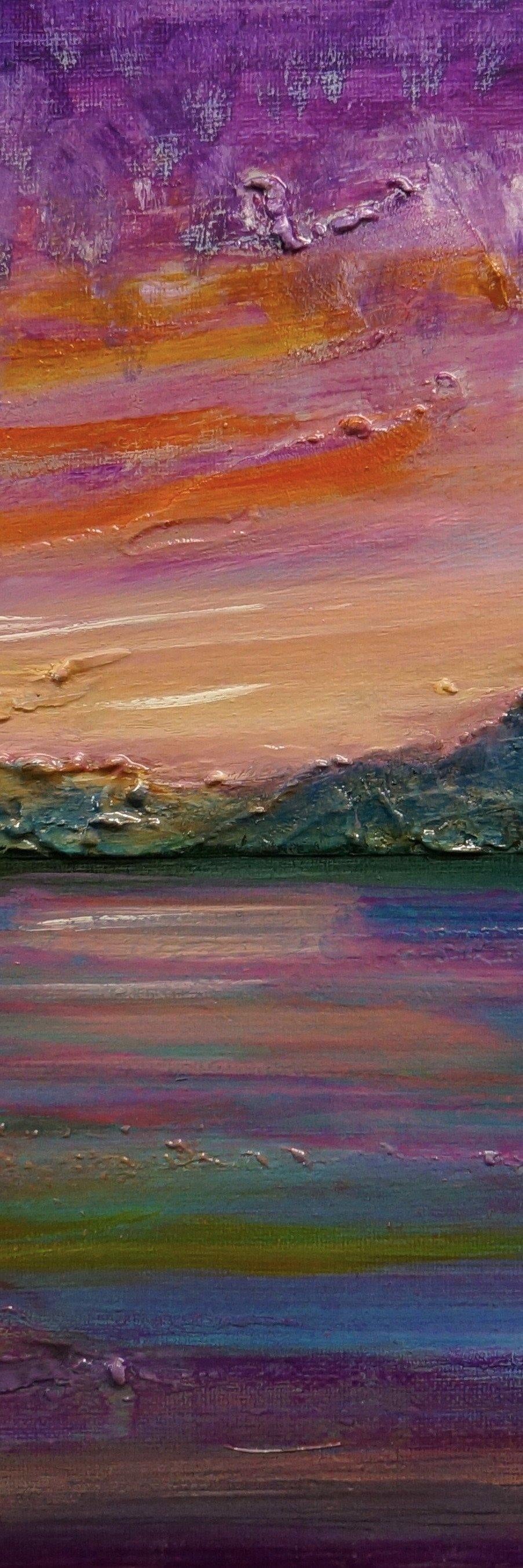 Textured oil painting of a sunset over water in Loch Leven Sunset Triptych art piece