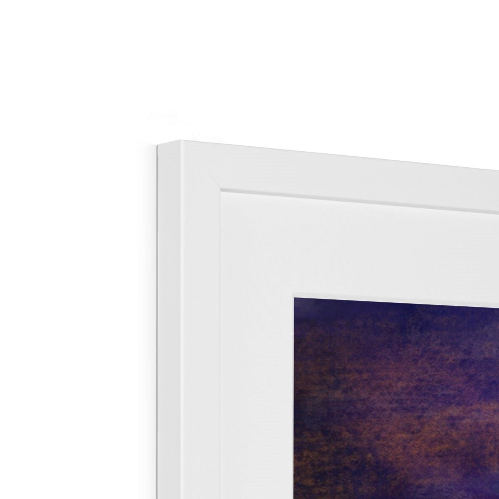 Loch Linnhe Dusk art print in white frame with textured purple and brown abstract design