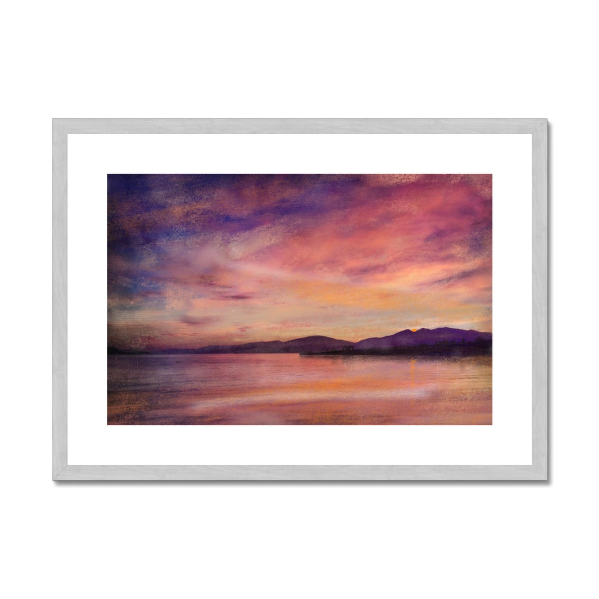 Loch Linnhe Dusk Painting | Antique Framed & Mounted Prints From Scotland-Antique Framed & Mounted Prints-Scottish Lochs & Mountains Art Gallery-A2 Landscape-Silver Frame-Paintings, Prints, Homeware, Art Gifts From Scotland By Scottish Artist Kevin Hunter