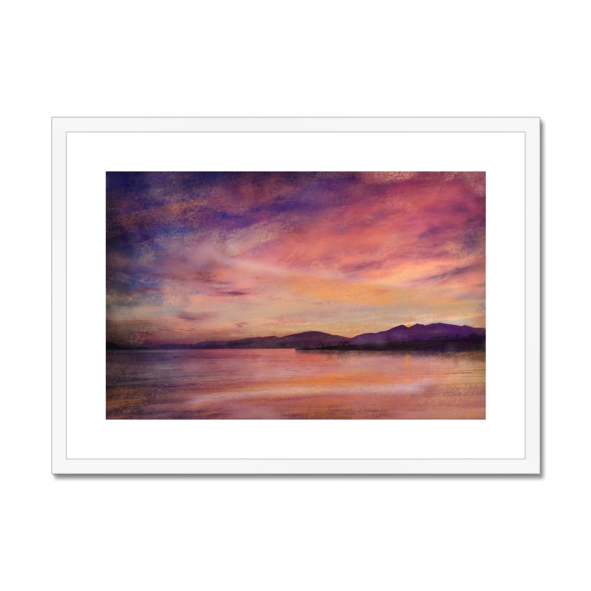 Loch Linnhe Dusk Painting | Framed & Mounted Prints From Scotland-Framed & Mounted Prints-Scottish Lochs & Mountains Art Gallery-A2 Landscape-White Frame-Paintings, Prints, Homeware, Art Gifts From Scotland By Scottish Artist Kevin Hunter