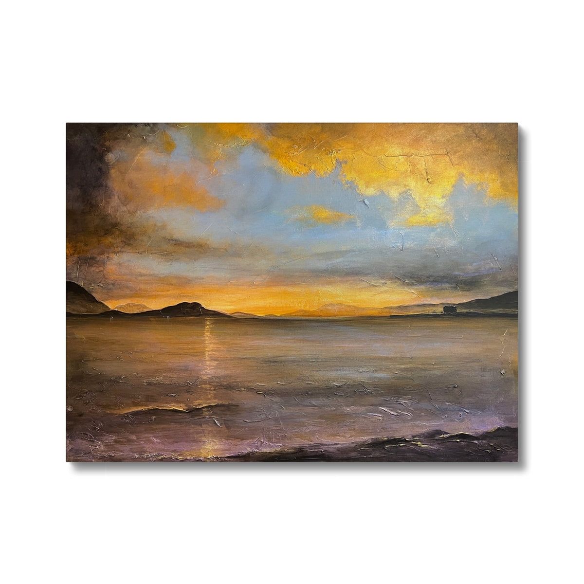 Vibrant yellow and orange sunset landscape painting on canvas, Loch Linnhe