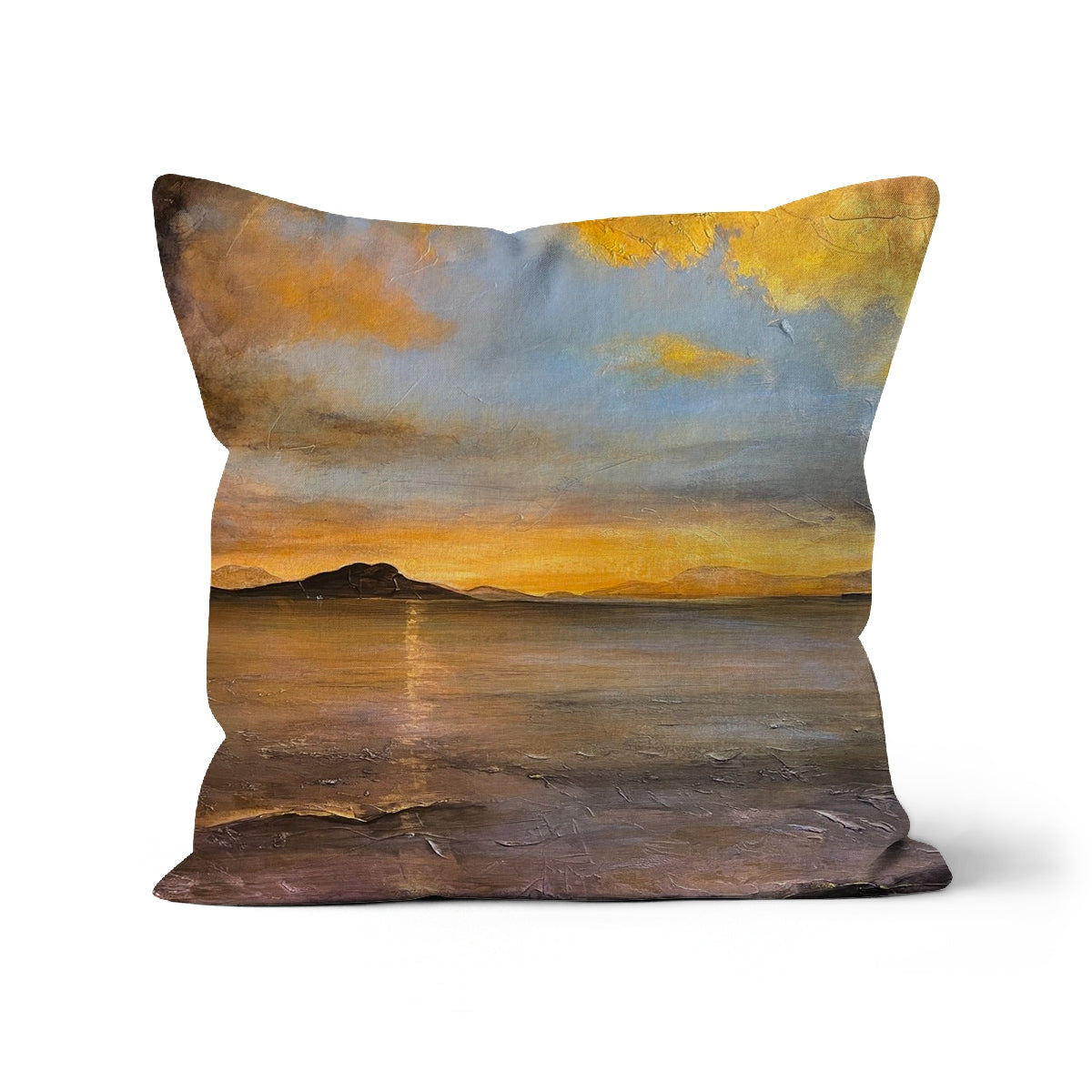 Loch Linnhe Sunset Cushion: golden textured ocean-mountain pillow