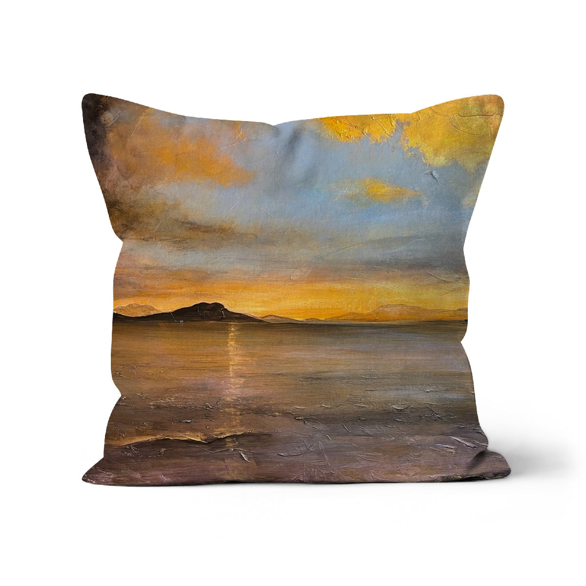 Loch Linnhe Sunset Cushion: yellow and brown textured throw pillow