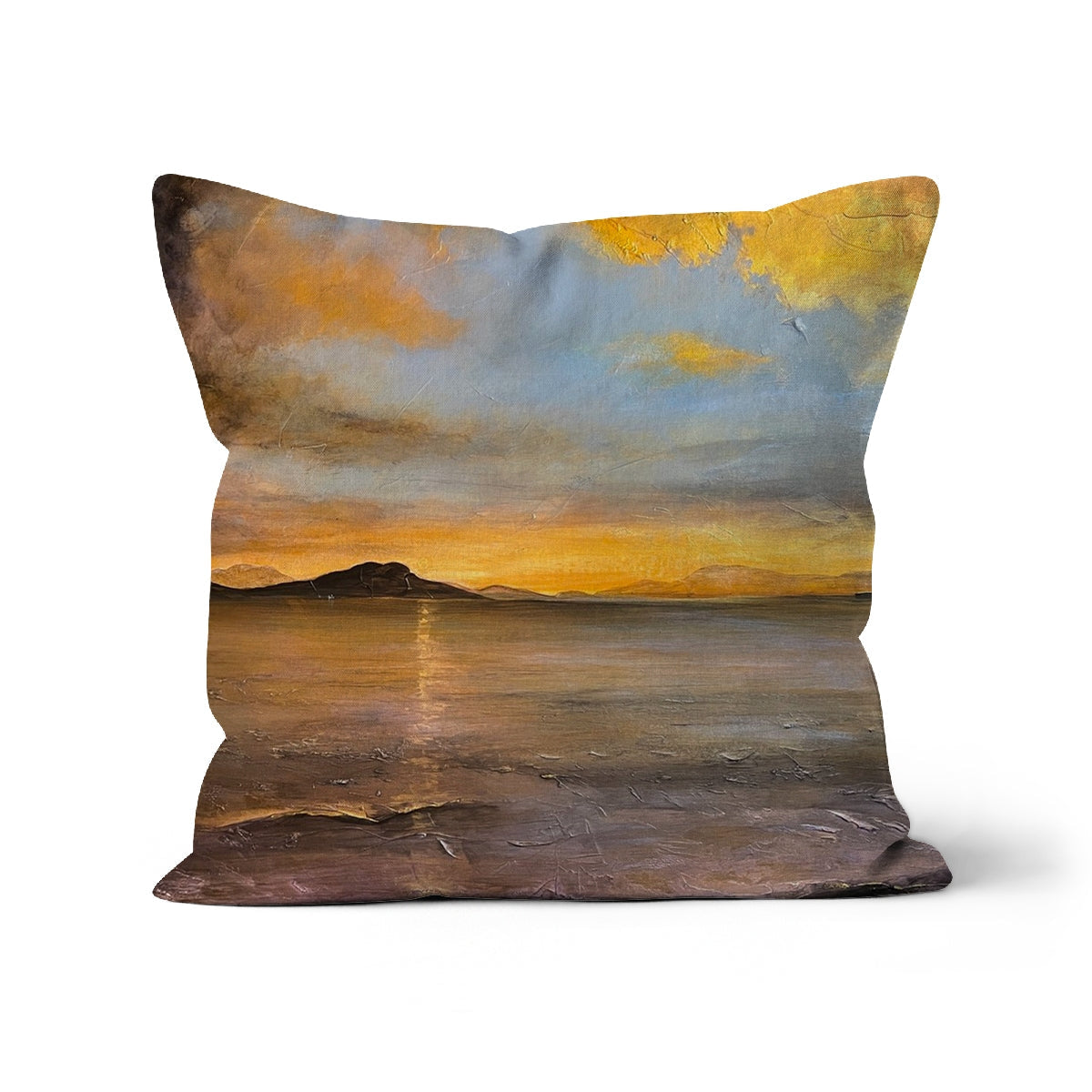 Loch Linnhe Sunset Cushion with yellow brown abstract landscape and seagull