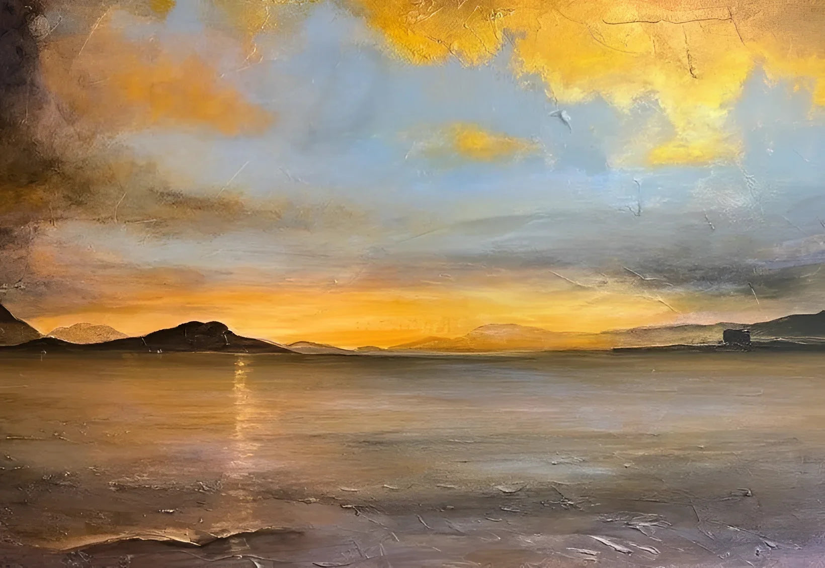 Impasto sunset seascape painting of Loch Linnhe featuring vibrant colors and textured brushstrokes
