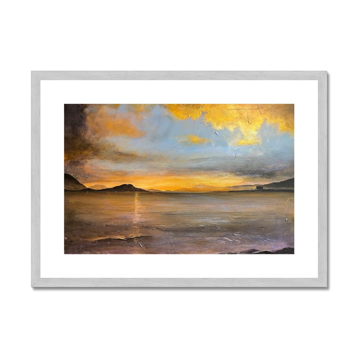 Loch Linnhe Sunset Painting | Antique Framed & Mounted Prints From Scotland-Antique Framed & Mounted Prints-Scottish Lochs & Mountains Art Gallery-A2 Landscape-Silver Frame-Paintings, Prints, Homeware, Art Gifts From Scotland By Scottish Artist Kevin Hunter