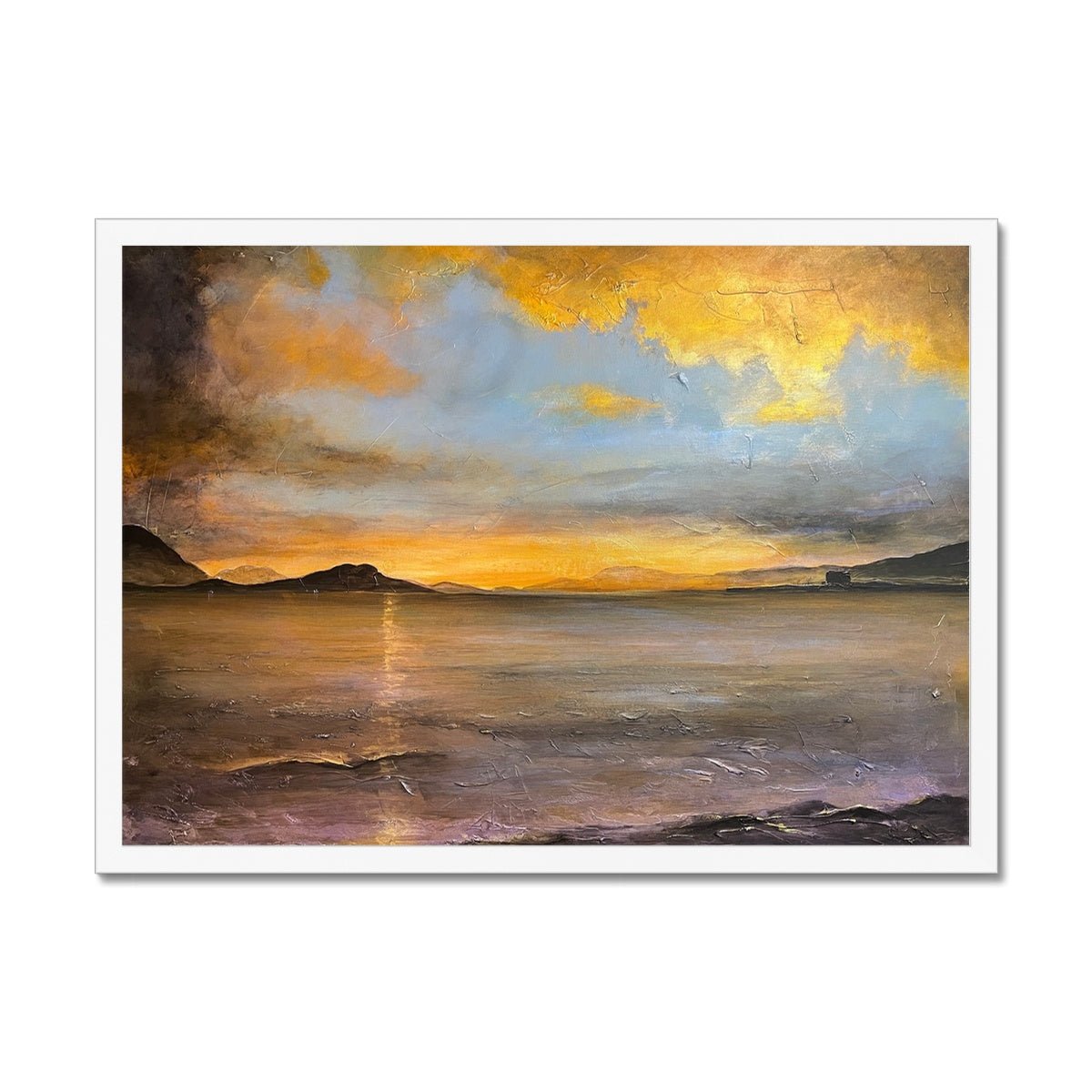 Loch Linnhe Sunset Painting | Framed Prints From Scotland-Framed Prints-Scottish Lochs & Mountains Art Gallery-A2 Landscape-White Frame-Paintings, Prints, Homeware, Art Gifts From Scotland By Scottish Artist Kevin Hunter