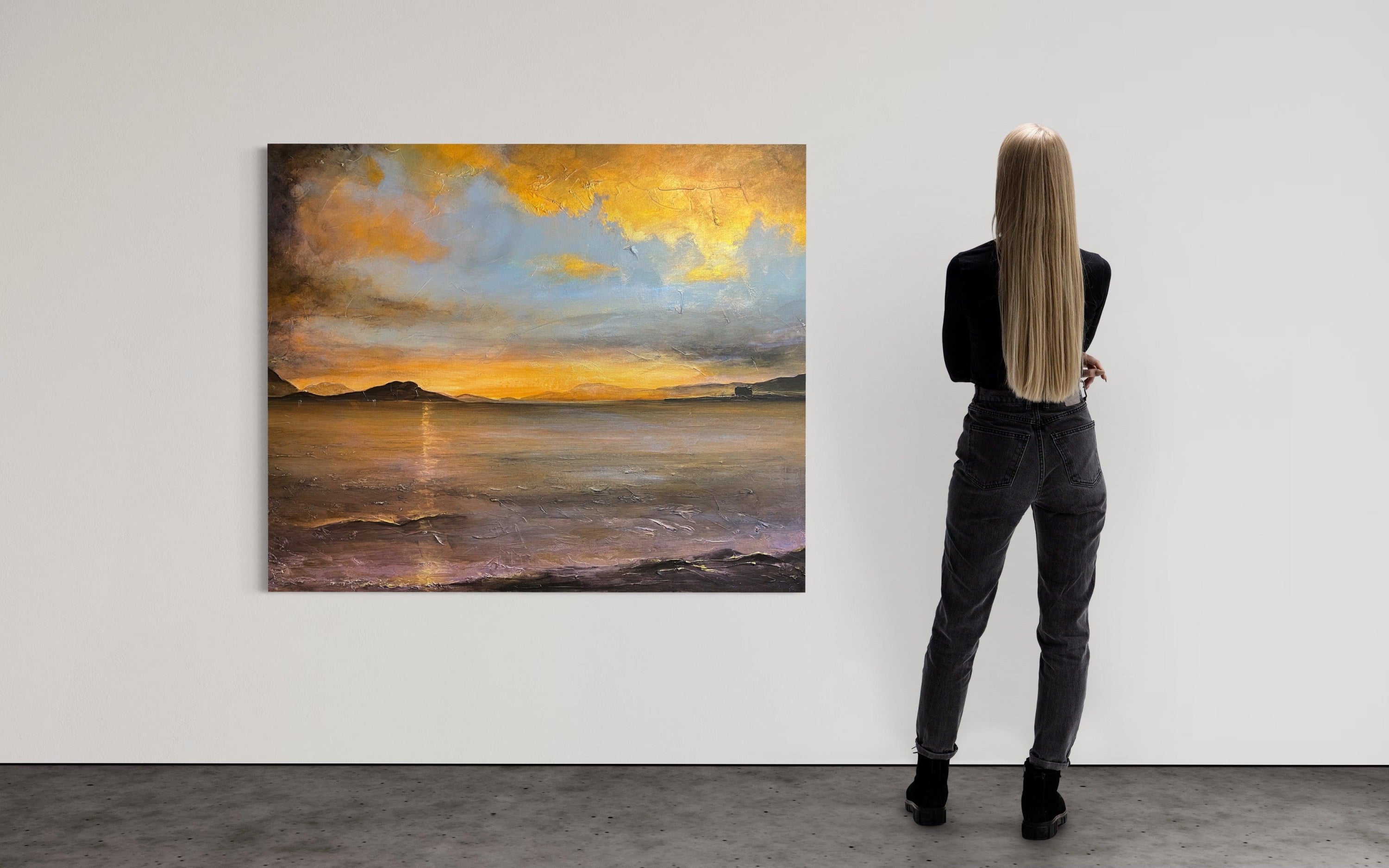 Vibrant impressionistic sunset landscape painting of Loch Linnhe with mountains in the distance