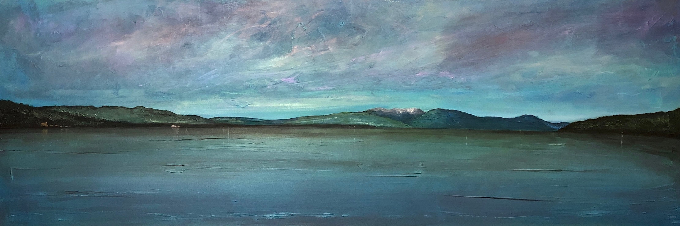 Panoramic oil painting of Loch Lomond from Balloch Castle with tranquil lake and mountain scenery