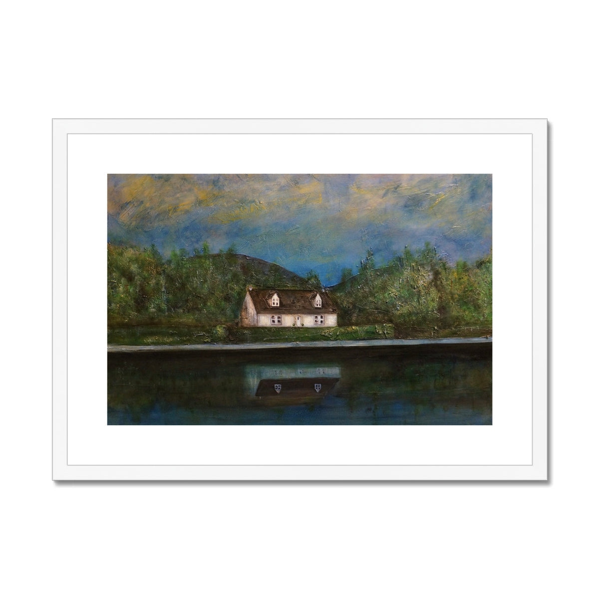 White framed Loch Lomond cottage art print with red roof and green trees