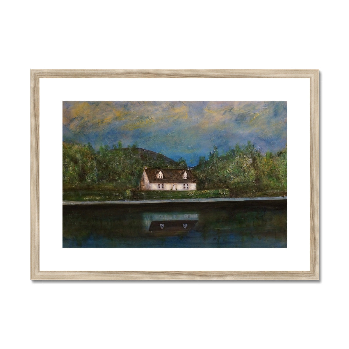 Framed print of white house with brown roof in Loch Lomond cottage style