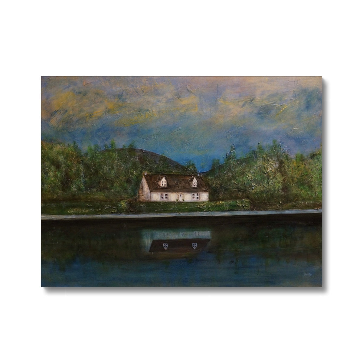 Serene Loch Lomond cottage painting on canvas with white house, brown roof, green trees, blue sky