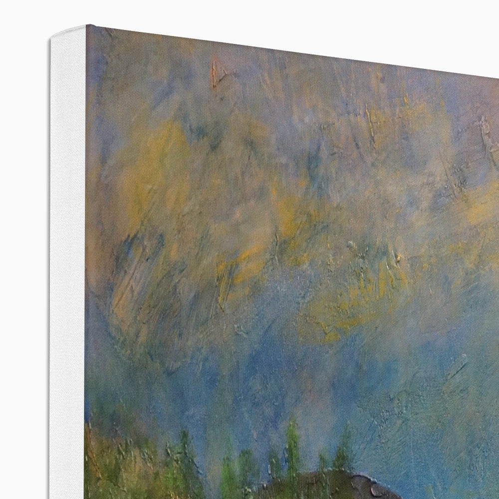 Canvas print of abstract Loch Lomond cottage landscape in blue and yellow hues