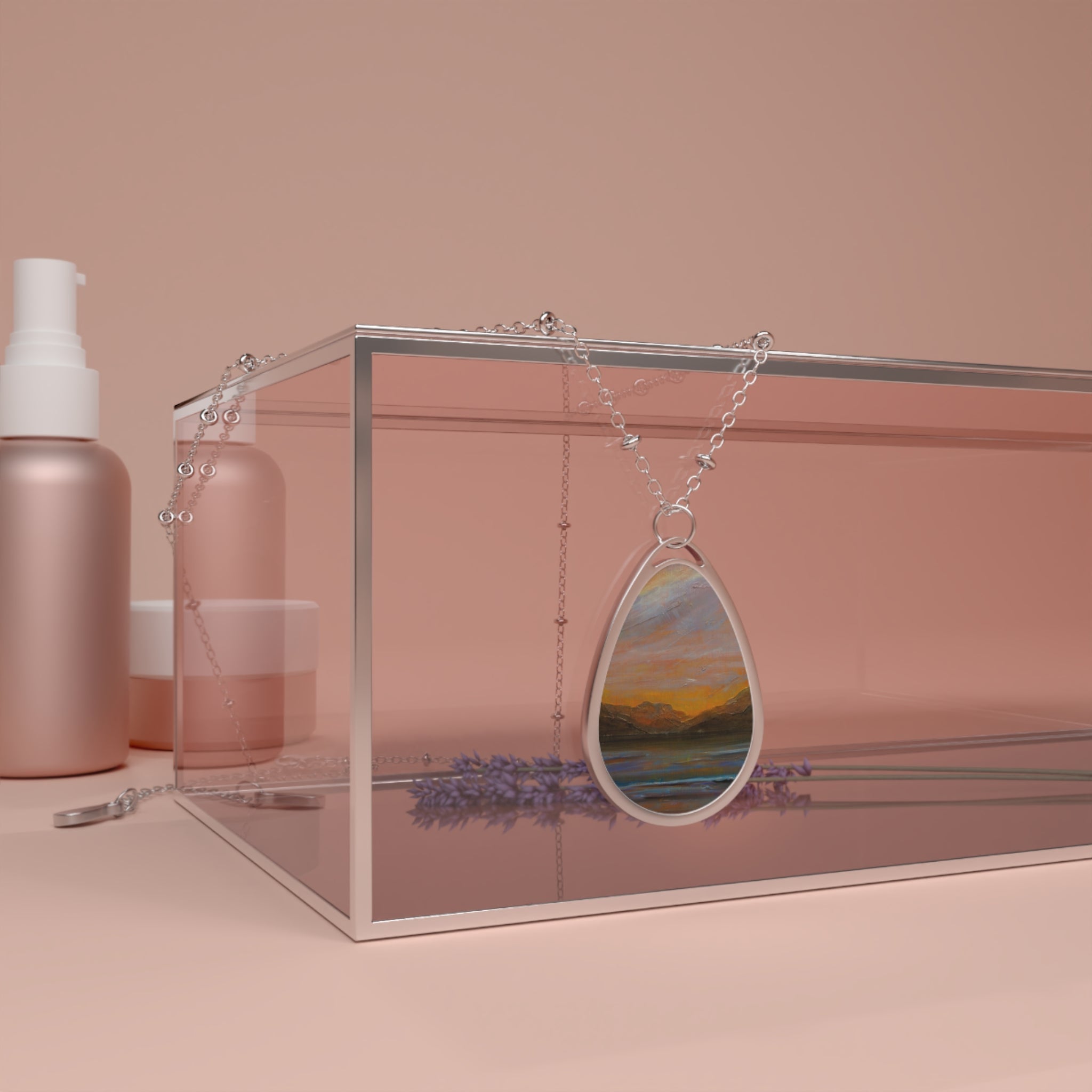 Teardrop-shaped pendant with Loch Lomond landscape painting on silver chain jewelry