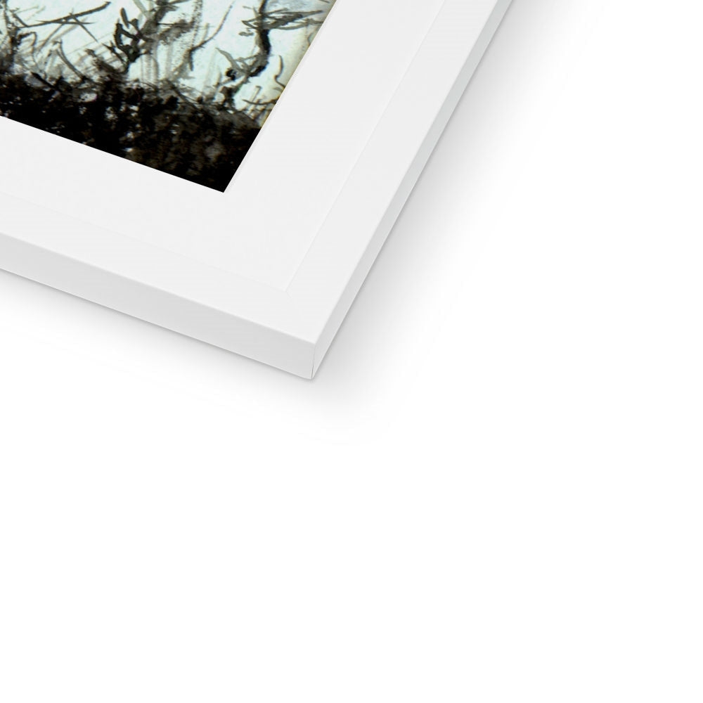 White matte Loch Lomond Mist framed print with abstract black and green art