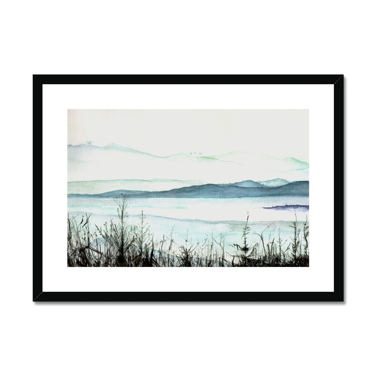 Loch Lomond Mist: black-framed watercolor mountainous landscape in blue-green hues