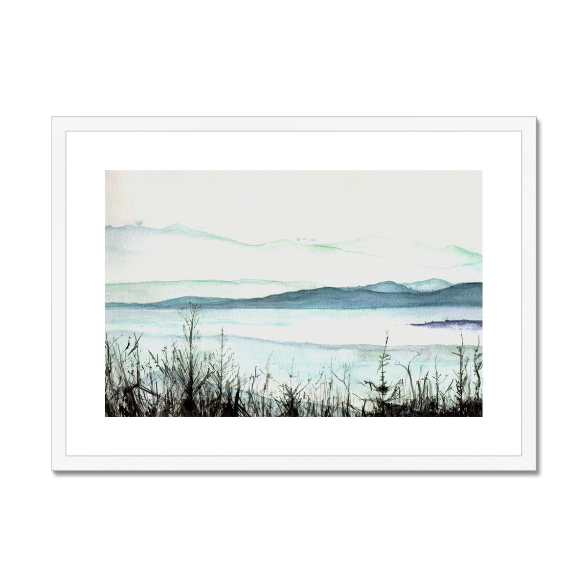 White framed watercolor Loch Lomond lakeside print in blue green hues