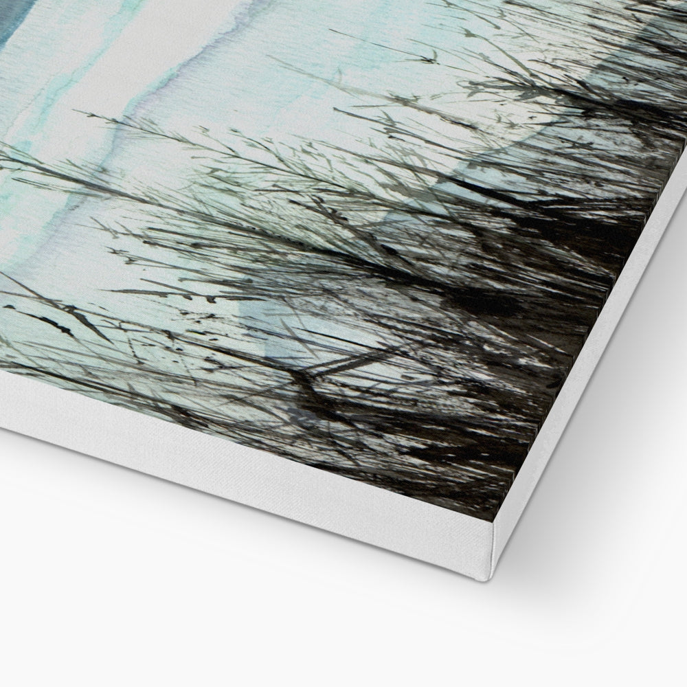 Black and white abstract Loch Lomond Mist canvas print with teal accents