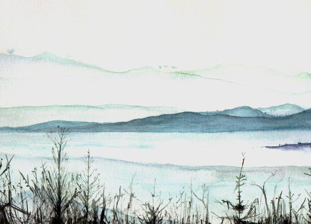 Watercolor landscape painting of Loch Lomond Mist for art decor display