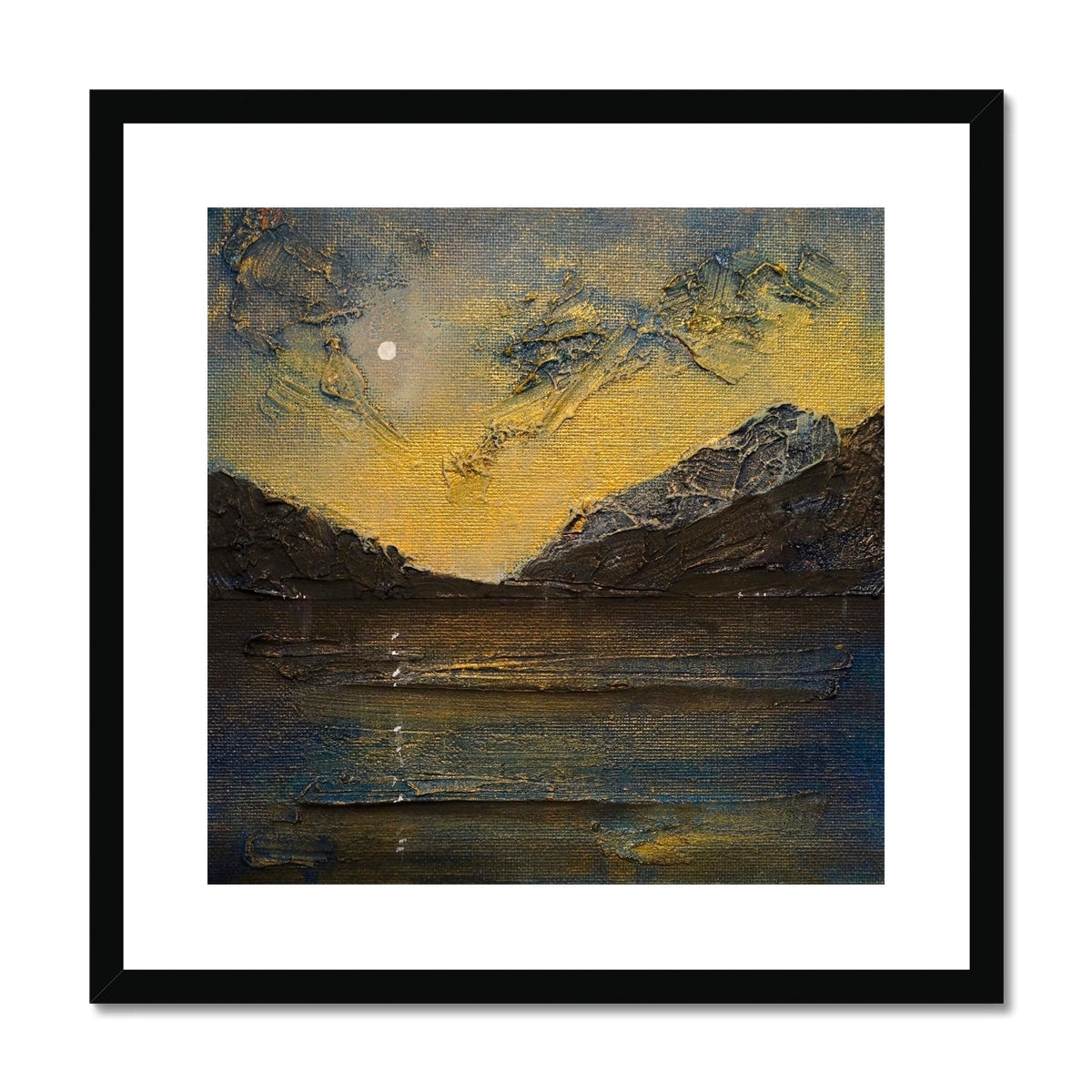 Black framed Loch Lomond Moonlight canvas print with textured mountain landscape in yellow and blue hues