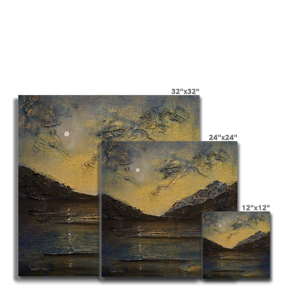 32x32 inch Loch Lomond Moonlight canvas print of golden-blue mountain landscape with textured brushstrokes