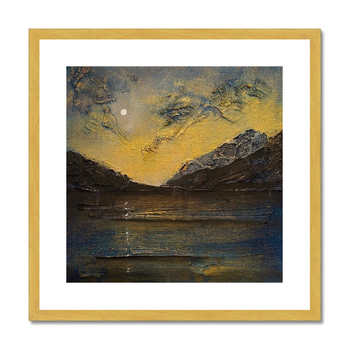 Loch Lomond Moonlight Painting | Antique Framed & Mounted Prints From Scotland-Antique Framed & Mounted Prints-Scottish Lochs & Mountains Art Gallery-20"x20"-Gold Frame-Paintings, Prints, Homeware, Art Gifts From Scotland By Scottish Artist Kevin Hunter