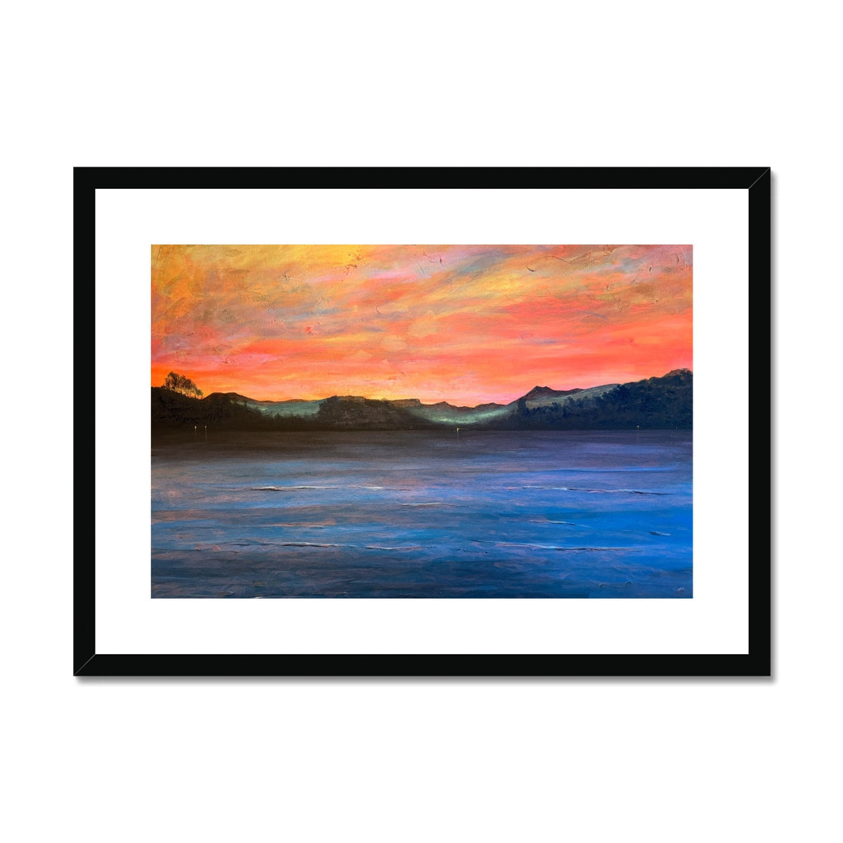 Framed Loch Maree & Slioch sunset painting in orange hues, black frame