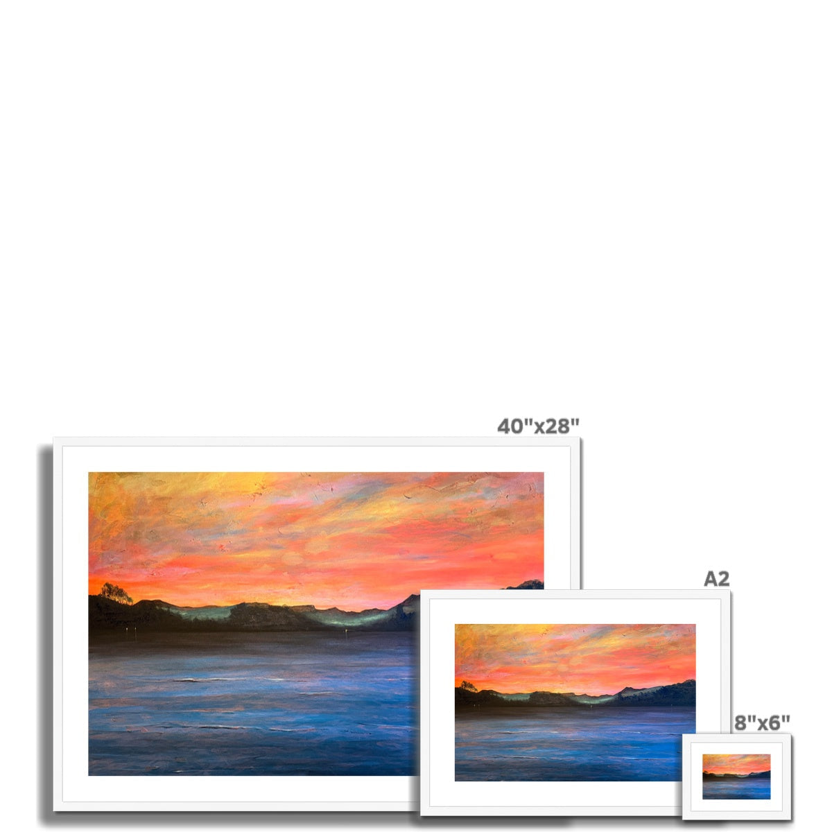 Framed 40x28 Loch Maree and Slioch sunset print in orange pink blue