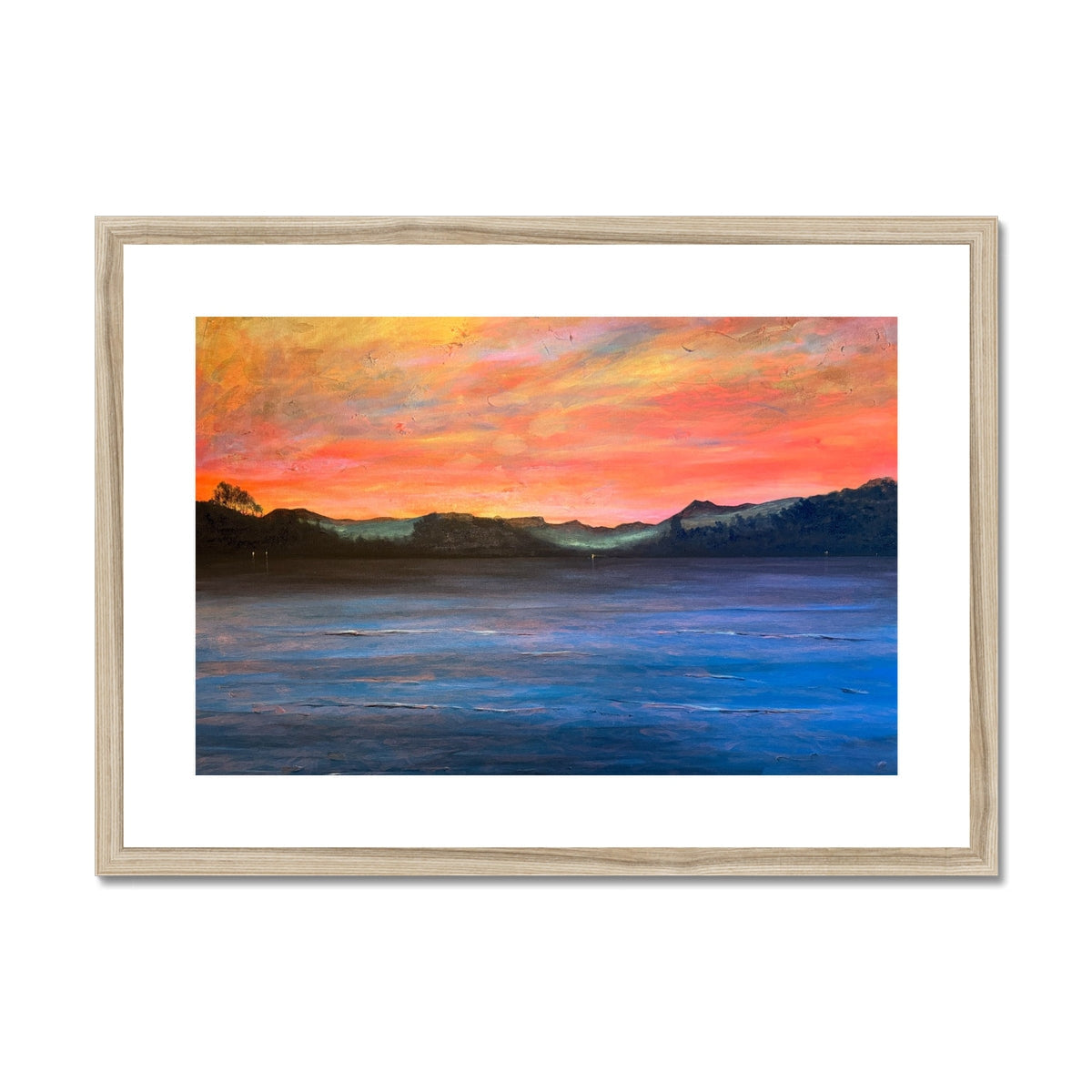 Loch Maree and Slioch sunset lake art print in wooden frame