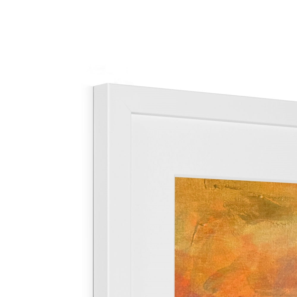 White rectangular frame with abstract orange yellow Loch Maree and Slioch painting
