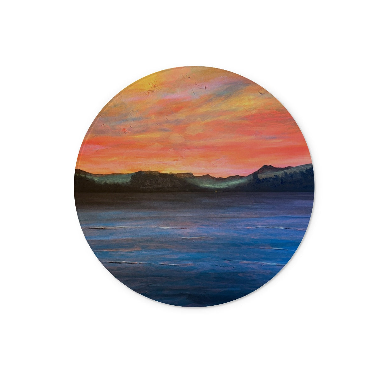 Circular sunset sticker on Loch Maree & Slioch chopping board