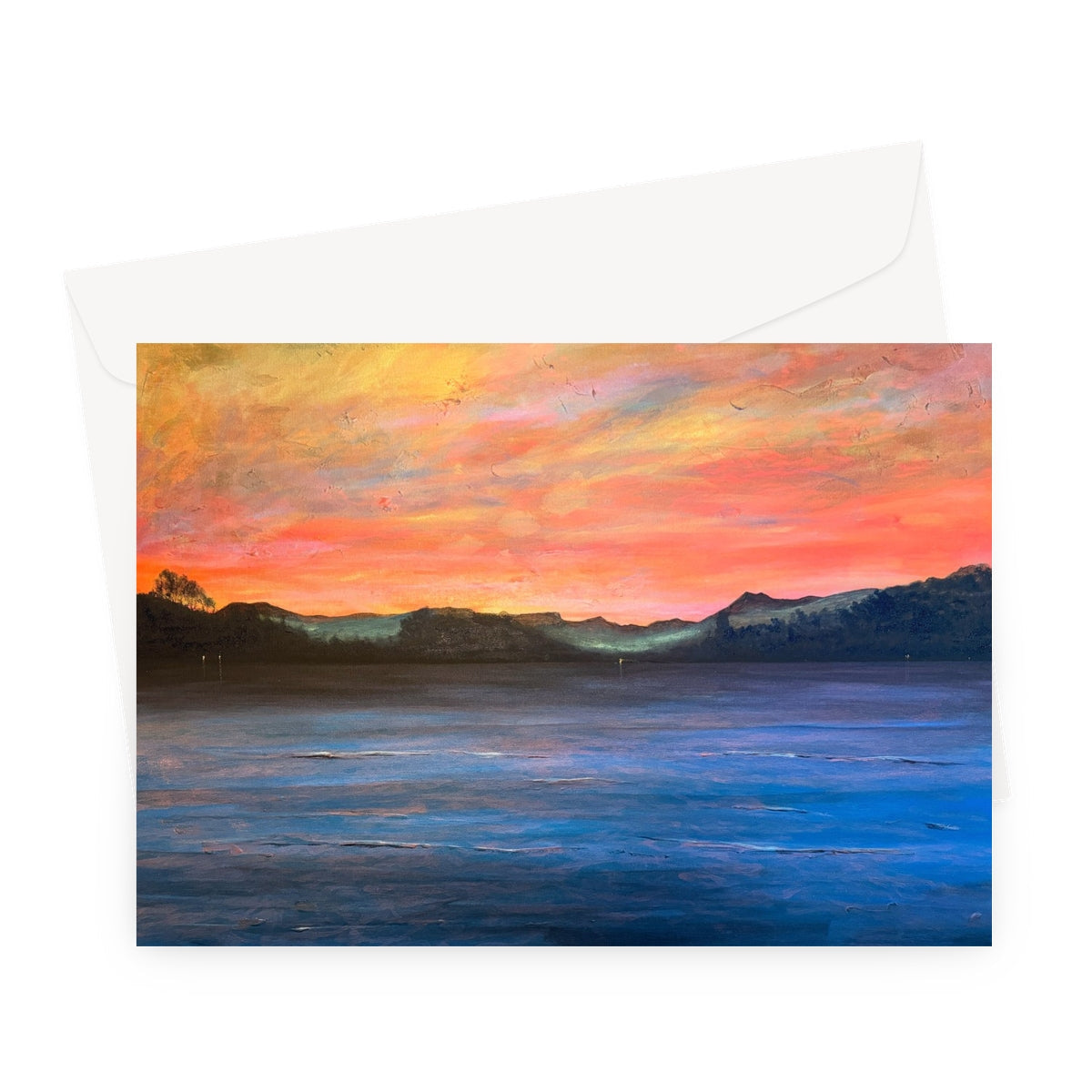 Sunset-themed Loch Maree and Slioch greeting card with vibrant orange and pink hues over a serene lake scene