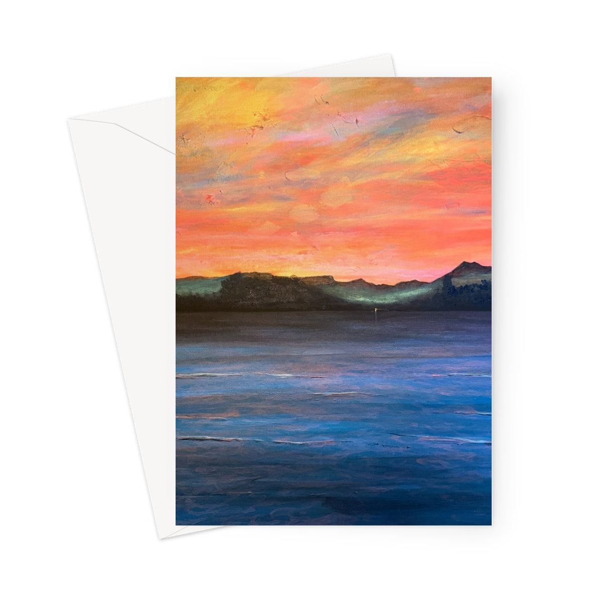 Sunset-themed Loch Maree & Slioch greeting card with vibrant orange and yellow hues and mountain silhouettes