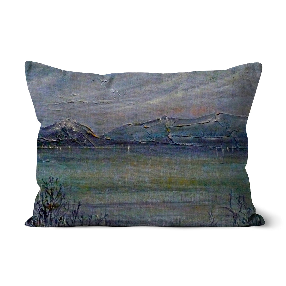 Blue and gray mountain landscape textured fabric throw pillow named Loch Morlich Moonlight Cushion