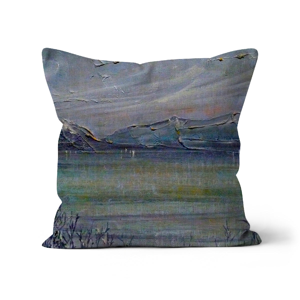 Gray and blue abstract landscape textured cotton or linen cushion named Loch Morlich Moonlight