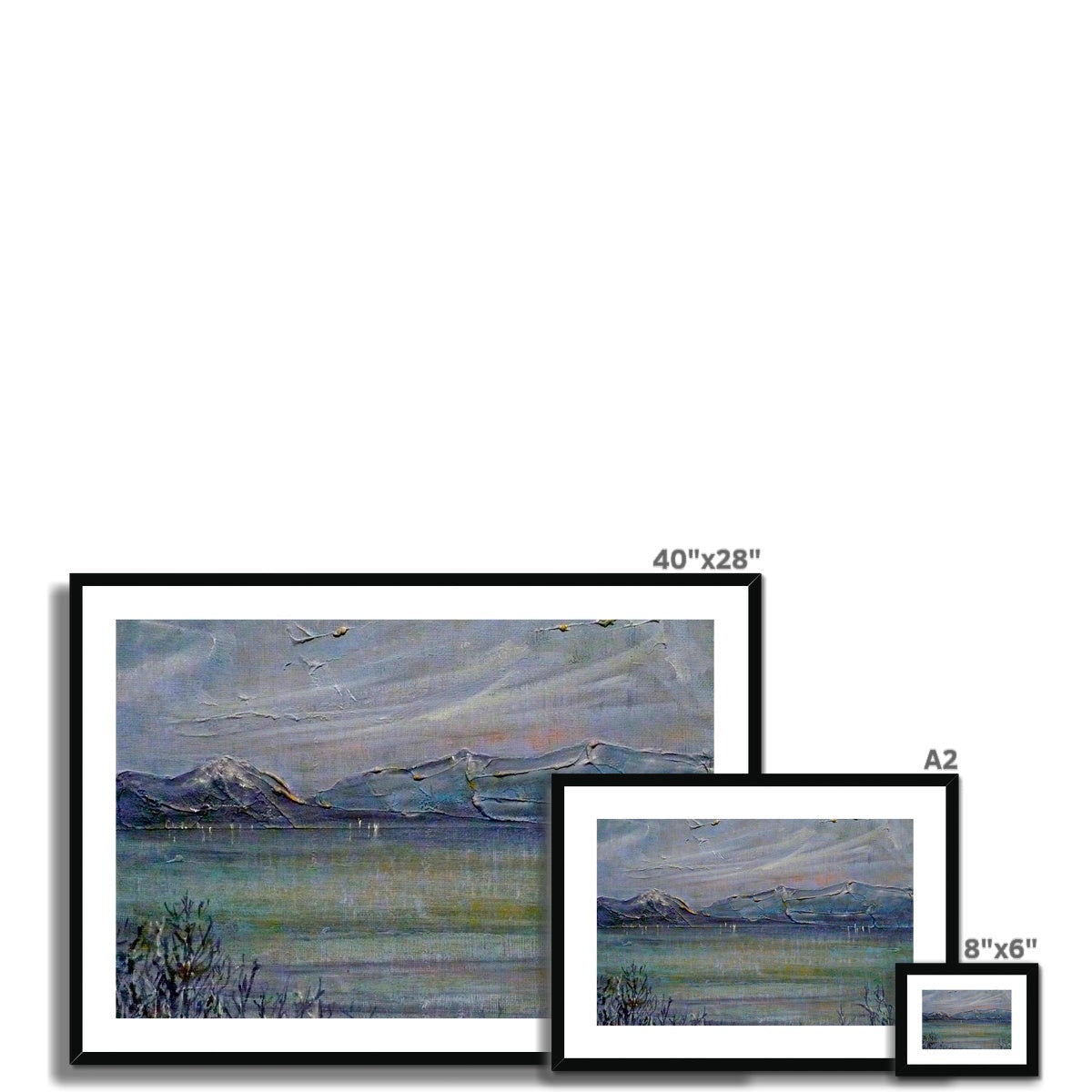 Loch Morlich Moonlight framed landscape print with snow-capped mountains and black frame